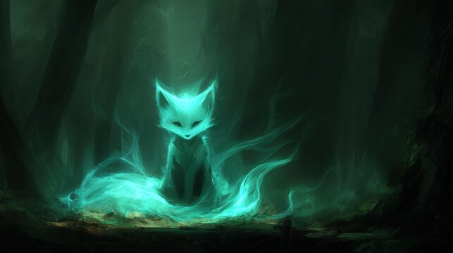 Kitsune Fox Spirit in a Glowing Forest Representing Magic and Intelligence in Japanese Folklore