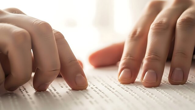 Fingers reading Braille text on a document, illustrating accessibility and education for visually impaired people. - Powered by Adobe
