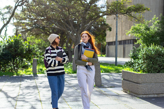 Diverse female students walking on campus pathway carrying tablet and notebook under sunlit trees