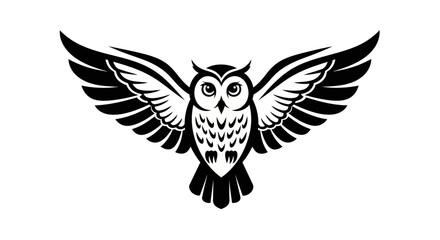 Obraz premium Black and white owl illustration with wings spread isolated on white