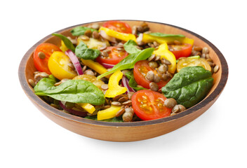 Tasty salad with lentils and vegetables in bowl isolated on white