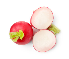 Whole and cut radishes isolated on white, top view