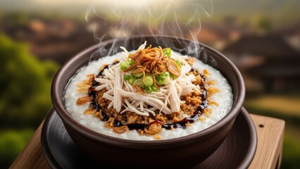 A steaming bowl of traditional Asian chicken rice porridge, Bubur Ayam, served with savory toppings for a comforting breakfast