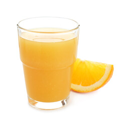 Glass of fresh orange juice and fruit slice isolated on white