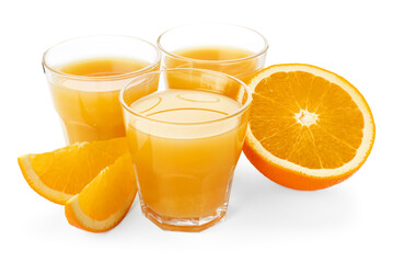 Glasses of fresh orange juice and fruit pieces isolated on white