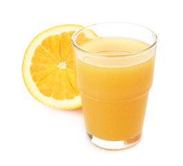 Glass of fresh orange juice and fruit slice isolated on white