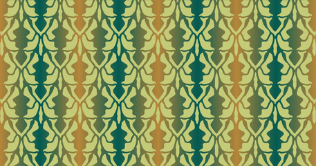 Vintage ornamental pattern in green and brown tones with repeating organic shapes inspired by classic textile motifs.