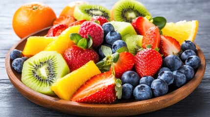Obraz premium A vibrant close-up of an exotic fruit salad featuring strawberries, kiwi, blueberries, and oranges with fresh juice splashes highlighting the textures