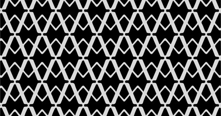 Black and white geometric crossing line pattern forming interwoven diamond-like shapes, creating a bold seamless abstract background.