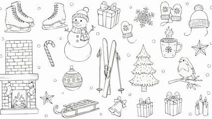 Winter Holiday Season Festive Sketchy Line Art Collection.