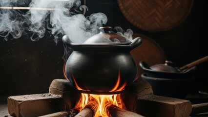 Traditional cooking in an earthenware clay pot on a charcoal stove, with steam rising from the simmering meal