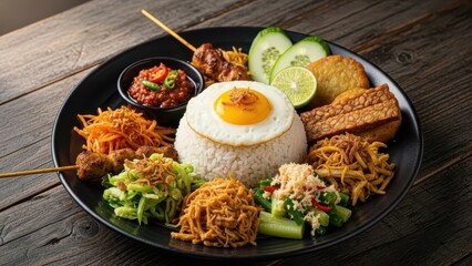 A complete platter of traditional Indonesian Nasi Campur featuring steamed rice with a fried egg, satay skewers, and various delicious side dishes