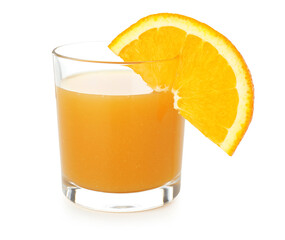 Glass of fresh orange juice with fruit slice isolated on white