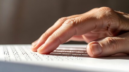 Close-up of hand reading Braille text, symbolizing accessibility, literacy, and support for visually impaired individuals.