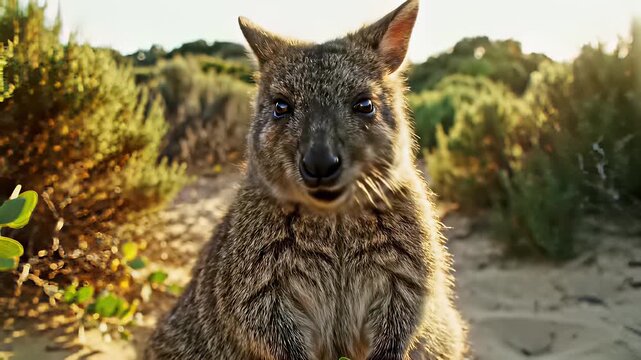 Quokka stands confidently with a leaf in its mouth, perfectly capturing the concept of joy and contentment in a serene tropical atmosphere, inviting users to step into a carefree idyllic setting.