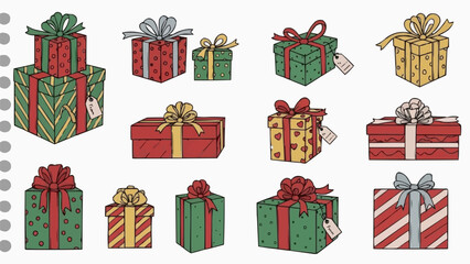 Collection of Hand Drawn Christmas Gift Boxes with Ribbons and Bows.