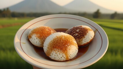 Traditional Indonesian serabi pancakes with sweet palm sugar syrup served in a bowl against a scenic backdrop of green rice paddies and volcanoes