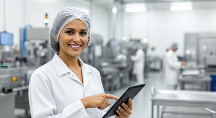 Smiling female factory worker using a digital tablet for quality control