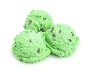 Balls of mint chocolate chip ice cream isolated on white