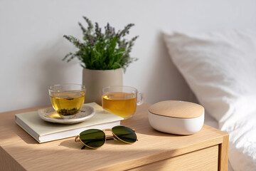 Minimal nightstand with herbal teas and a calming vibe