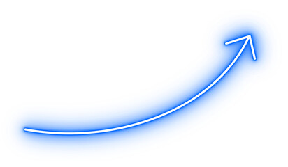 Glowing neon blue curved arrow. Upward highlight pointer for presentation and marketing designs. Bright luminous callout element for ui and web graphics
