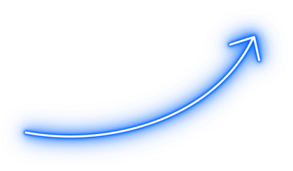 Glowing neon blue curved arrow. Upward highlight pointer for presentation and marketing designs. Bright luminous callout element for ui and web graphics