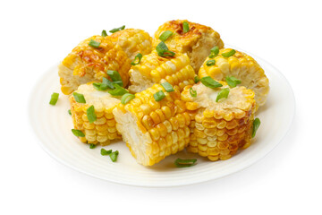 Pieces of grilled corn cobs with green onions isolated on white
