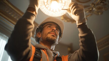Portrait of electrician fixing light fixture, high resolution, ultra detailed, realistic lighting, 8k, professional photography quality