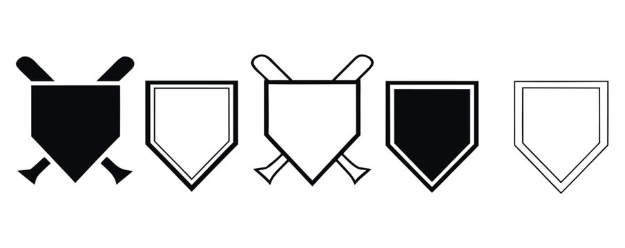 outline silhouette home plate baseball icon set isolated on white background.Vector art of a collection of baseball home base icons with crossed bats isolated on white background
