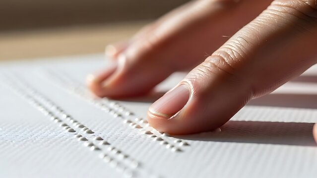 Fingers reading Braille text, highlighting accessibility and tactile communication for the visually impaired. - Powered by Adobe