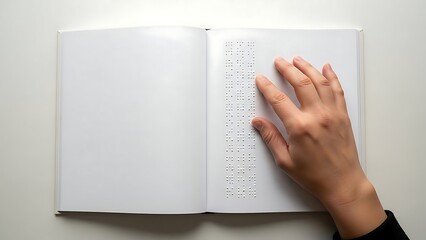 Hand reading Braille in an open book, symbolizing accessibility, visual impairment, and inclusive education