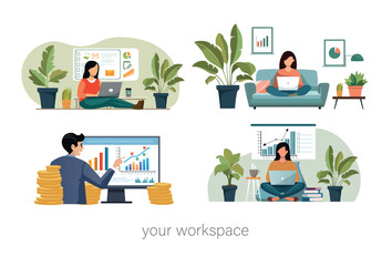 Flat vector illustration of a workspace with a laptop and diagrams 