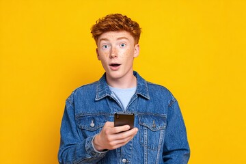 A young man with red hair and freckles looks surprised while holding his phone against yellow