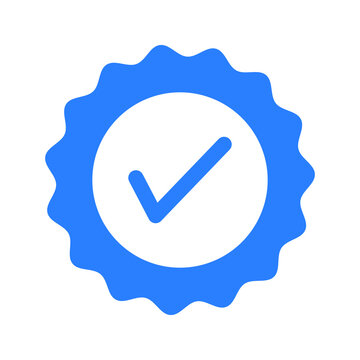 Blue approval badge icon. Clean verified checkmark label. Bold certification symbol element