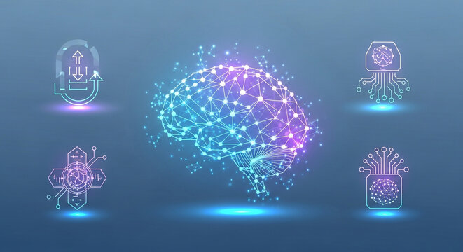 Stunning digital network brain concept surrounded by glowing futuristic technology icons illustrating artificial intelligence and data processing - Powered by Adobe