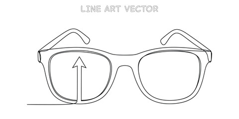 Continuous one line drawing of eyeglasses with upward arrow on lens representing positive outlook and growth mindset