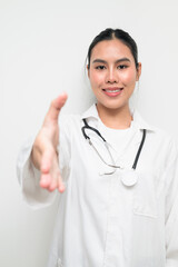 Fototapeta premium Happy Woman Doctor with Stethoscope in White Uniform on Plain Background Greeting with Handshake