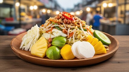 Authentic Som Tum, a spicy Thai green papaya salad, served with fresh tropical fruits and vegetables against a bustling street food market backdrop