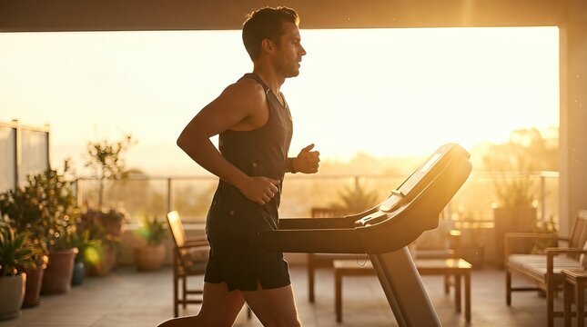 Fit man running on a treadmill at home with beautiful golden sunrise light
