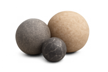 Group of natural round smooth stones in varying sizes and earthy colors on a transparent background