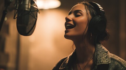 Portrait of singer performing in recording studio, high resolution, ultra detailed, realistic lighting, 8k, professional photography quality