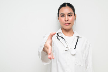 Fototapeta premium Woman Doctor with Stethoscope in White Uniform on Plain Background Greeting with Handshake