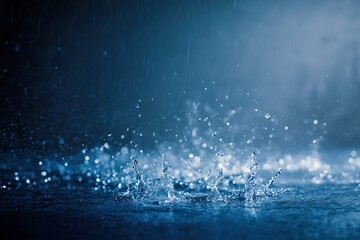 Detailed dark blue water splash texture with cinematic rain lighting and soft contrast, perfect for evocative design overlays and backgrounds.