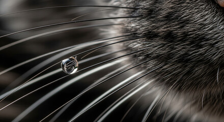 A close-up of a tabby cat's side profile, showing the face, whiskers, and a single, small water droplet on one of the whiskers, with a soft, blurred background in neutral tones.