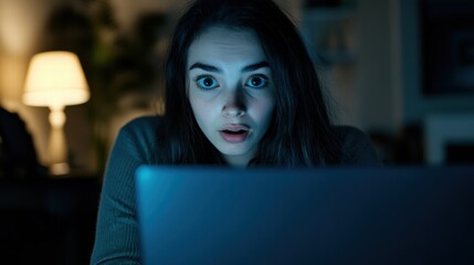 Woman anticipating surprise on video call.