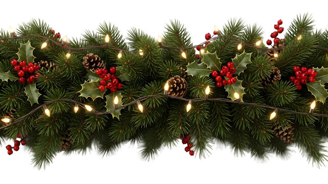 Christmas garland with lights and berries isolated on transparent background