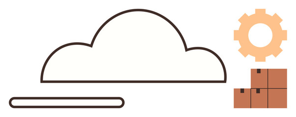 Cloud shape connected to horizontal line, gear icon, and stacked boxes highlighting data storage and logistics. Ideal for cloud computing, technology, digital innovation, logistics, automation