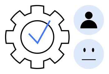 Identity verification, user preferences, system settings, decision-making, personalization, authentication. Gear and icons with checkmark and user. Identity verification and system settings concept