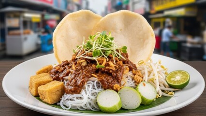 Traditional Southeast Asian noodle dish with savory peanut sauce, fried tofu, bean sprouts, and crispy crackers in a street food setting