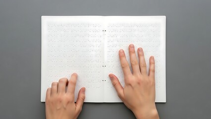 Top view of hands reading Braille book. Accessibility, visual impairment, and inclusive education concept for tactile learning.